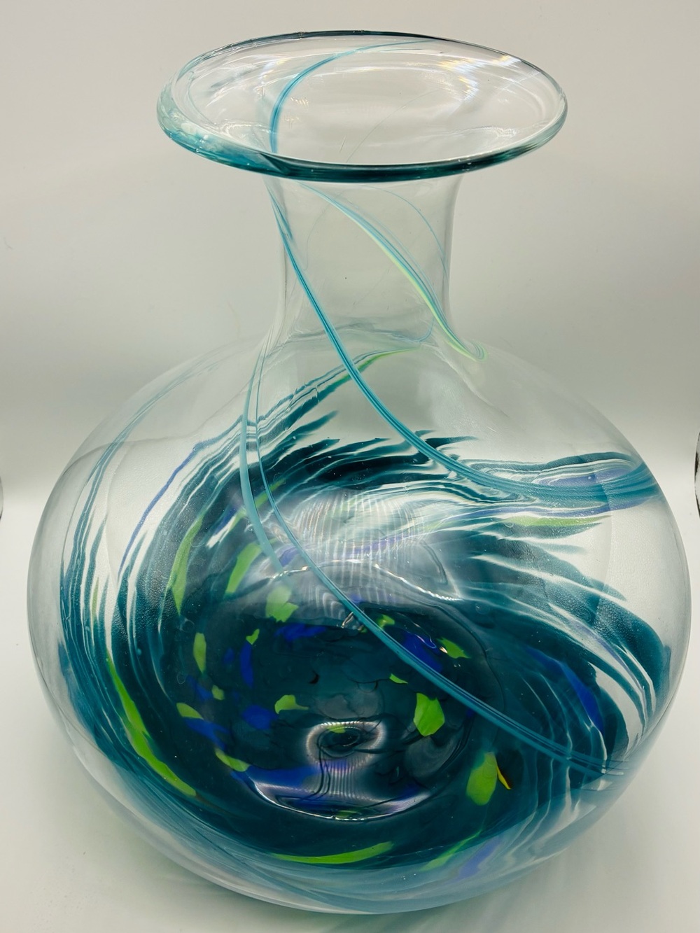 Handblown Glass Decorative Vase in Teal & Blue 11” tall